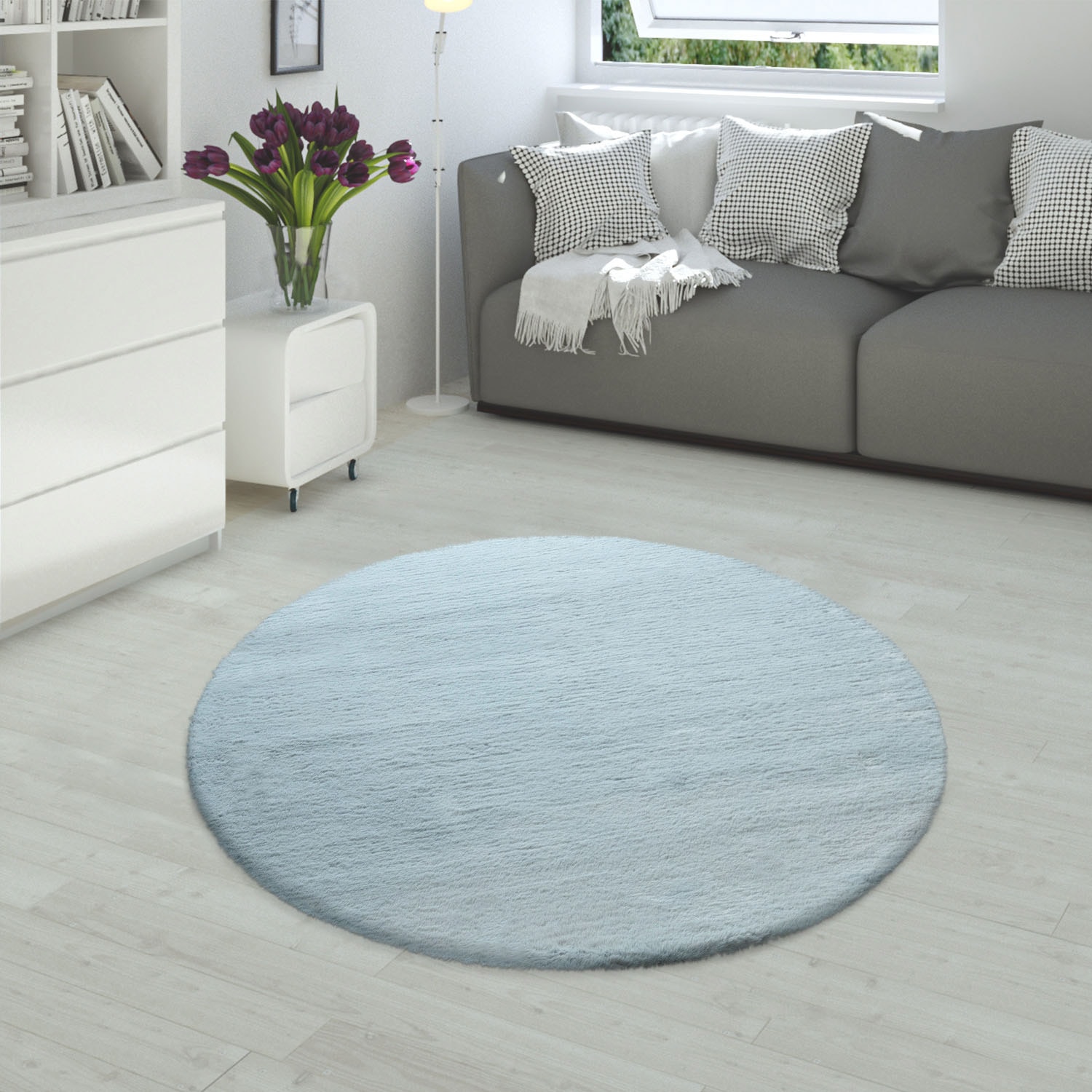Fellteppich PACO HOME "Rabbit 780", blau (türkis), H:26mm Ø:120cm, Polyester, Teppiche, Fellteppich, Kunstfell, Kaninchenfell-Haptik, echter Kuschelteppich, Uni-Farben Image