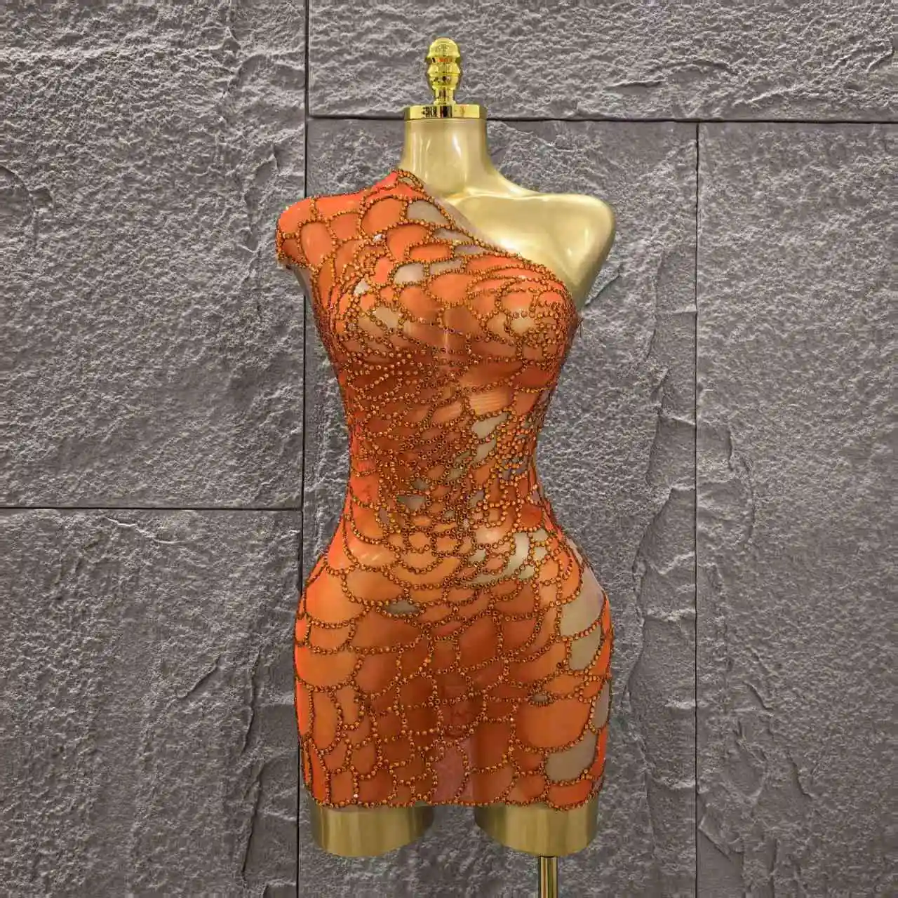 Orange Farbe Shinning Strass Frauen Sexy Eine Schulter Mesh Bodycon Mini Kleid Feiern Nachtclub Party Bar Sänger Tragen