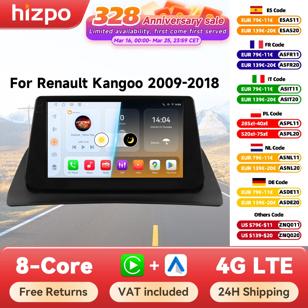 Hizpo Autoradio Android Auto für Renault Kangoo 2013-2017 Multimedia-Player Carplay GPS intelligentes System Nr. 2din DVD Head Unit