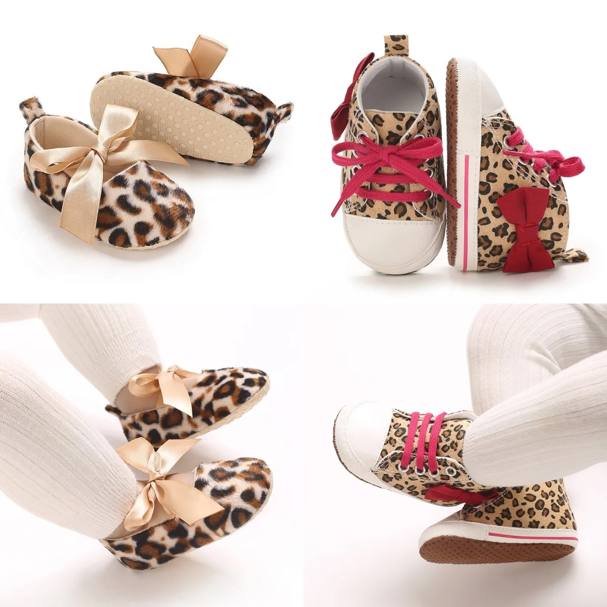 0–1 Jahre Krawatte, Damenschuhe, modische Schleife, Segeltuchschuhe, Kleinkind-Mädchen-Schuhe, Leopardenmuster, weiche Sohle, rutschfest, für Kleinkinder