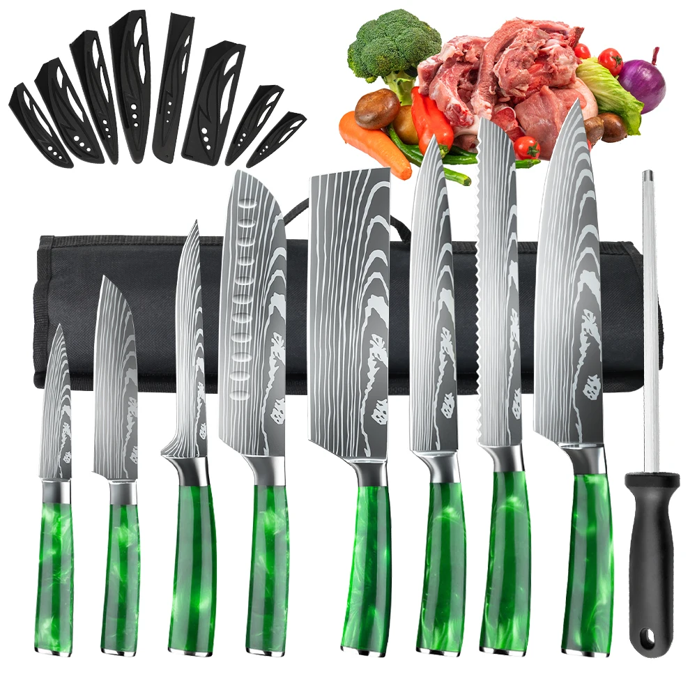 ZENG 8 Stück professionelles Kochmesser, scharfes Hackmesser aus Edelstahl mit hohem Kohlenstoffgehalt, Santokismesser, Scheibenmesser, Schlagmesser, Harzgriff Image