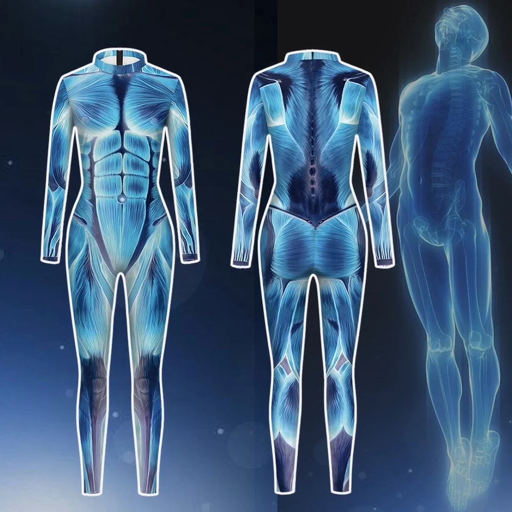 Alien Muskel Muster Overall Männer Karneval Cosplay Kostüm Erwachsene Party Lustige Body Karneval Zentai Blau 3D Druck Catsuit Image