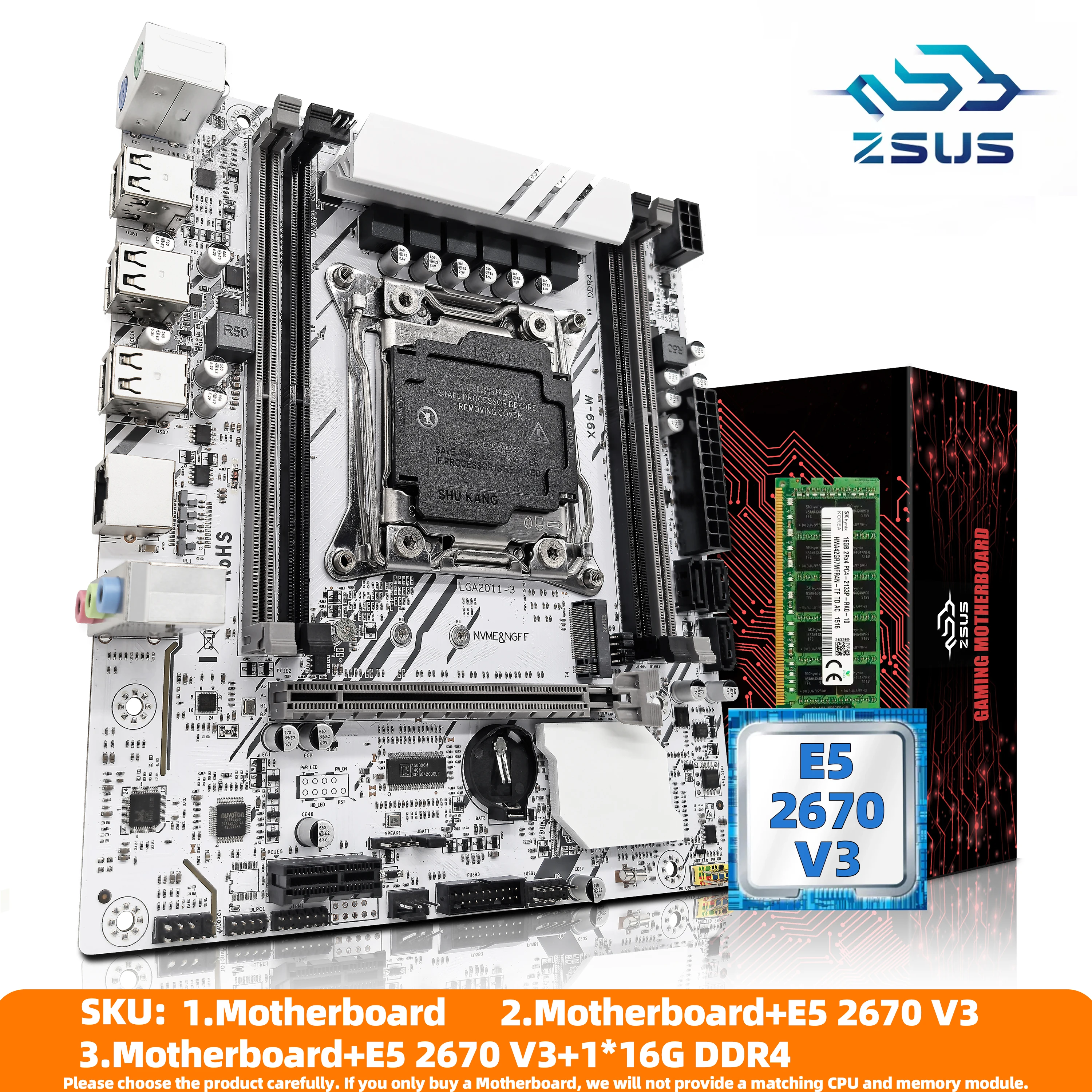 ZSUS X99 Motherboard-Set-Kit mit LGA2011-3 Xeon E5 2670 V3 CPU DDR4 16 GB (1 * 16 GB) 2133 MHz RAM-Speicher NVME M.2 SATA Image