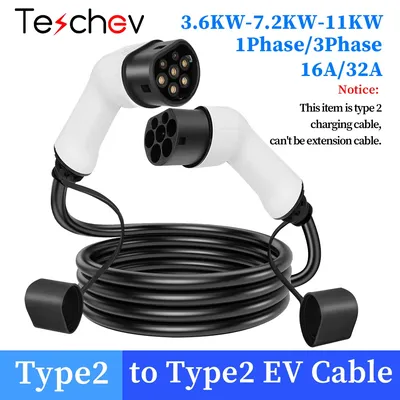 Teschev EV-Ladekabel, 16 A, 11 kW, 3-phasiges Elektroauto-Ladegerät, 7 kW, 32 A, 1 Phasen-EV-Kabel, Typ 2 auf Typ 2 IEC62196-2 Image