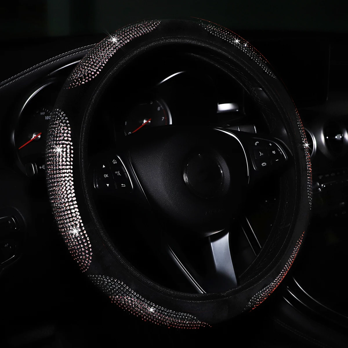 6 runde, kurze, mit Samt eingelegte Diamantblitz-elastische Auto-Lenkradabdeckungen, geeignet für 37–38 cm große Lenkradfrauen Image