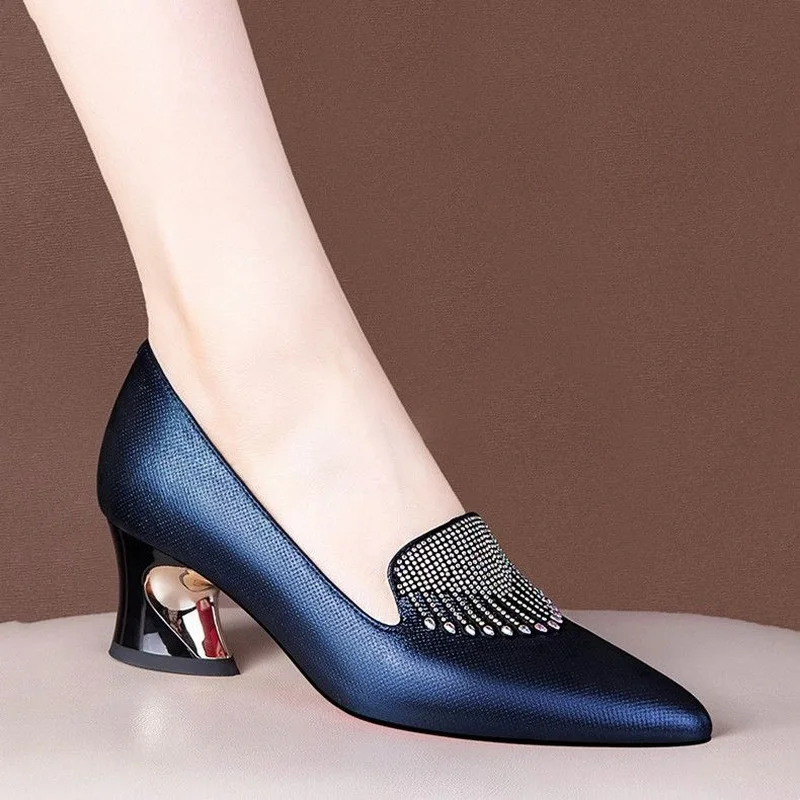 FHC Cowhide Leather Women Mid Heels,Office Lady Working Shoes,Rhinestone Tassels,Pointed Toe,Size 34-40,Blue,Black,Dropship