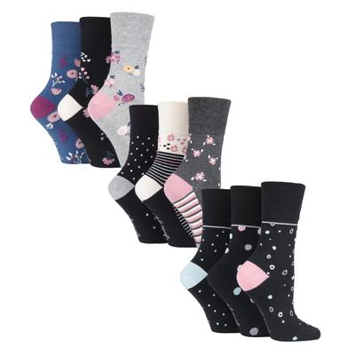 9 Paar Multipack Ladies Cotton Crew Non Elastic Socks | Gentle Grip | Womens Soft Top Striped Patterned Non Binding Socks - Floral Spot Image