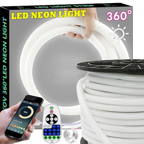 360 Neon-LED-Lichtstreifen mit Bluetooth-App, Musiksynchronisation und Timing, 3–40 m, flexibel/wasserdicht, LED-Lichtschlauch, 23-Tasten-Fernbedienung, geeignet für Heim-/Garten-/Gebäudedekoration, Image