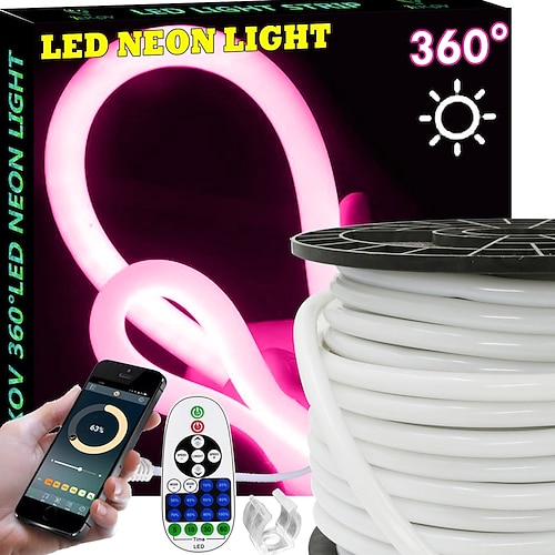 360 Neon-LED-Lichtstreifen mit Bluetooth-App, Musiksynchronisation und Timing, 3–40 m, flexibel/wasserdicht, LED-Lichtschlauch, 23-Tasten-Fernbedienung, geeignet für Heim-/Garten-/Gebäudedekoration, Image