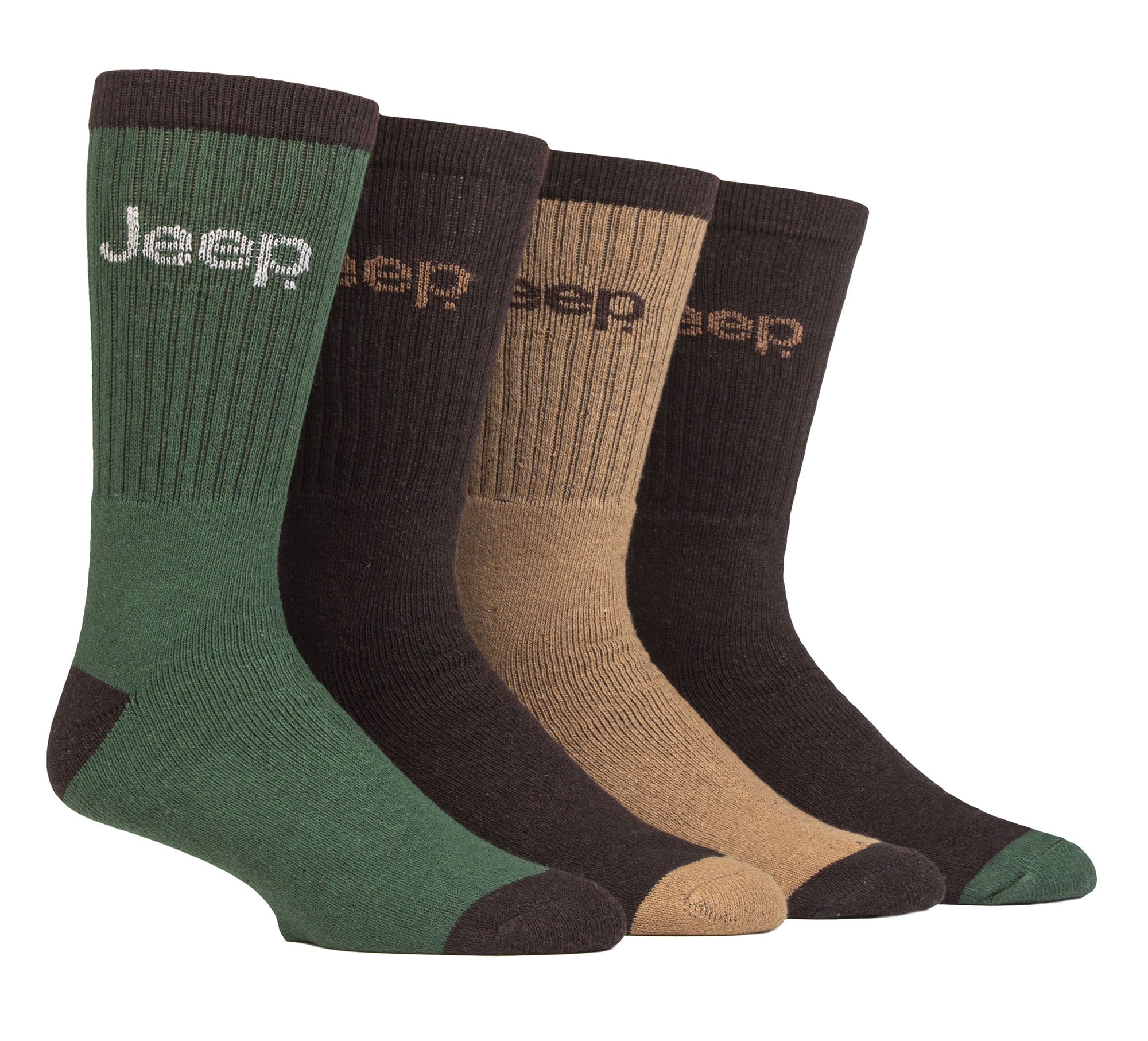 Mens Recycled Cotton Socken | Jeep | 4 Pack dicke stricken voll gepolstert Boot Socken - braun / grün