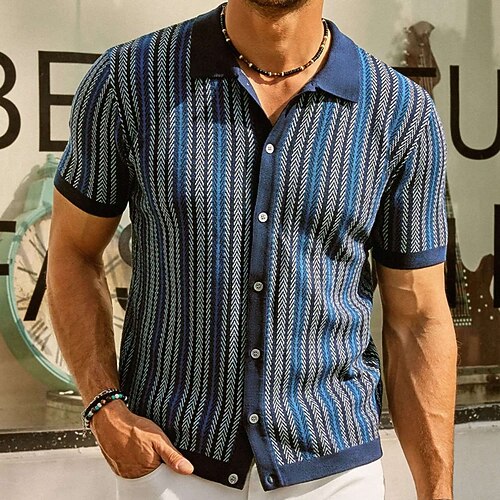 Retro Vintage 1970er Pullover Hemd Strickjacke Gehäkelt Knopfleiste Gestreift Kostüm Herren Maskerade Urlaub Alltagskleidung Pride Parade Erwachsene Oberteil Image