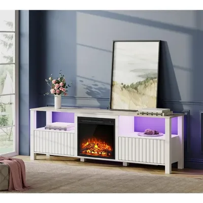 Electric Fireplace TV Stand for 75 Inch TV with 16 Color LED Light, Wood TV Console Table with