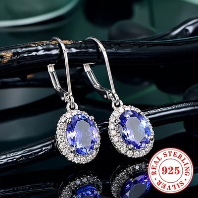 TEMU 1 Pair Of Women's Fashion Ring Earrings, 3.2g 925 Sterling Silvery Set With Oval Blue Synthetic Gemstone Pendant Earrings For , Parties, Engagement, Wedding And Banquet Gifts Image