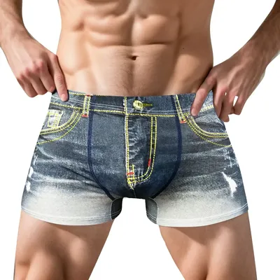 Männer Boxer Unterwäsche Imitation Jeans 3d Gedruckt Boxer Briefs Mid-Rise Elastischer Bund Doppelseitige Verstärkung Höschen Image