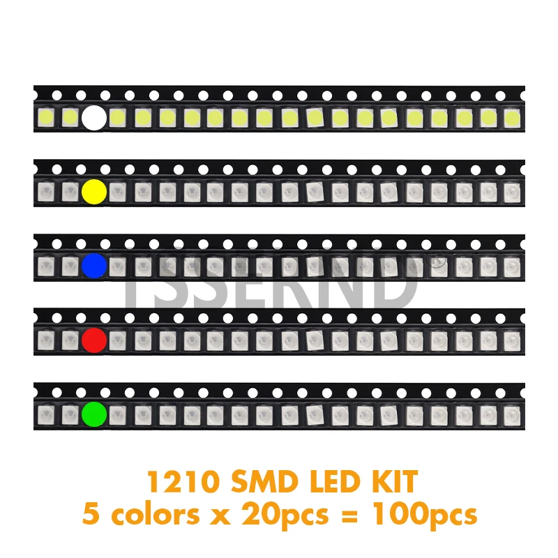 100 Stück 0603 0805 1206 1210 5730 5050 SMD LED Leuchtdioden-Kit 5 Farben Miniatur-LED Rot Weiß Gelb Grün Blau Image