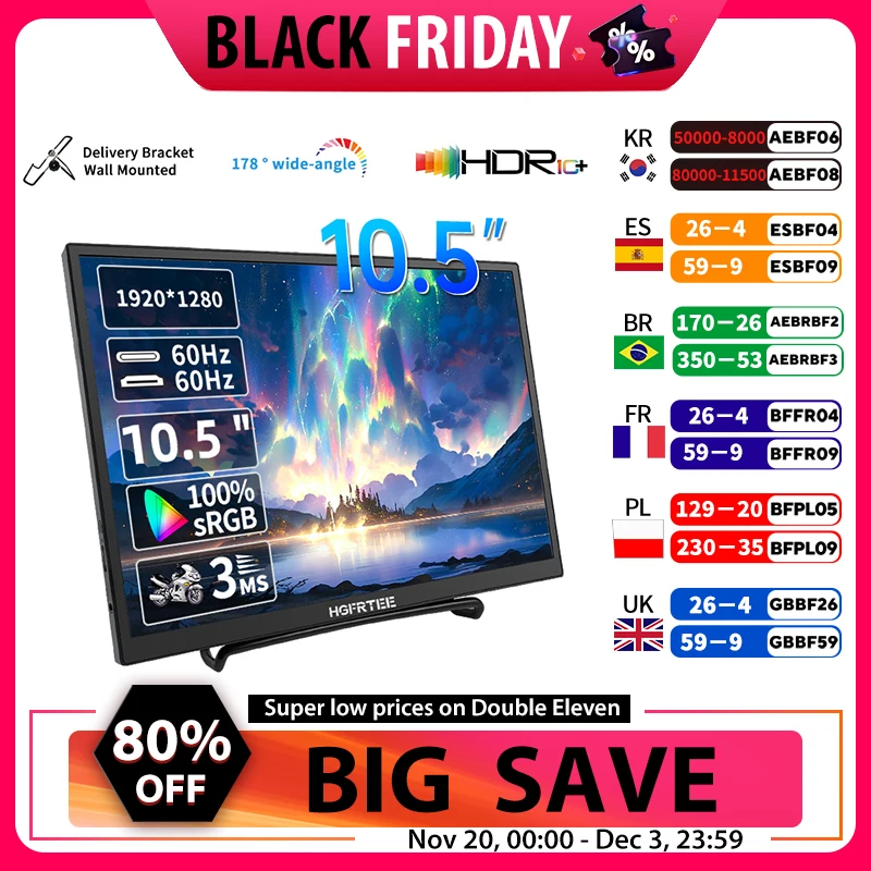 HGFRTEE 10,5 Zoll tragbarer Monitor 1280P 100% sRGB Low Blue Light Extension Display für XBox PS4/5 Switch Handy PC Laptop Image