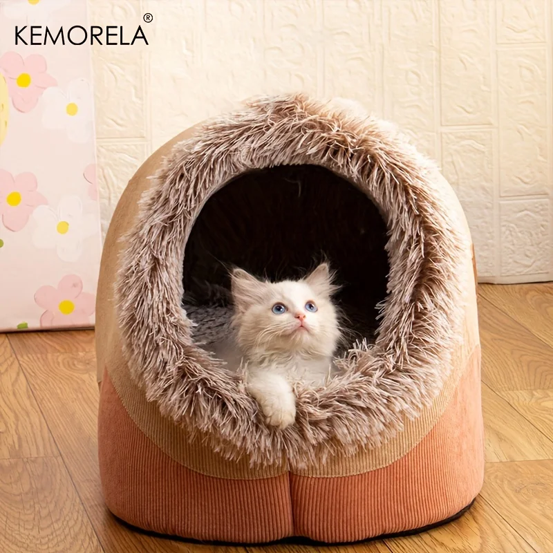 KEMORELA Gestreiftes, langhaariges, tragbares Bett und bequemes Katzenbett, Plüsch und sicheres Haustierhaus für den Innenbereich, geeignet für Katzen und Hunde Image