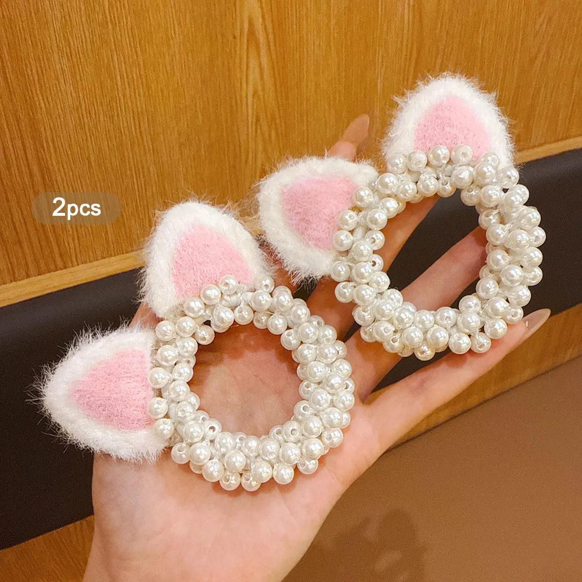 2 süße rosa Katzenohren (gedämpftes Brot in Katzenohrform), dreidimensionale, hochelastische Haarschlaufen Image