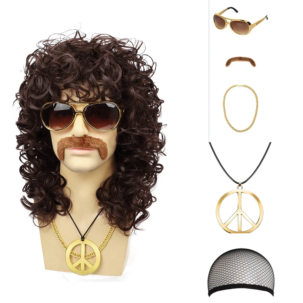 Synthetische 70er-Jahre-Perücken für Männer, Disco für Halloween-Party, kurzes braunes gefiedertes Friedenszeichen-Haar mit Brille, goldene Halskette, Schnurrbart Image