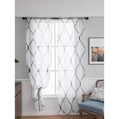 Moroccan printed Trellis White Sheer Curtains 1 Panels, Damask Textured Rod Pocket Voile Tulle Semi Drapes,door curtains