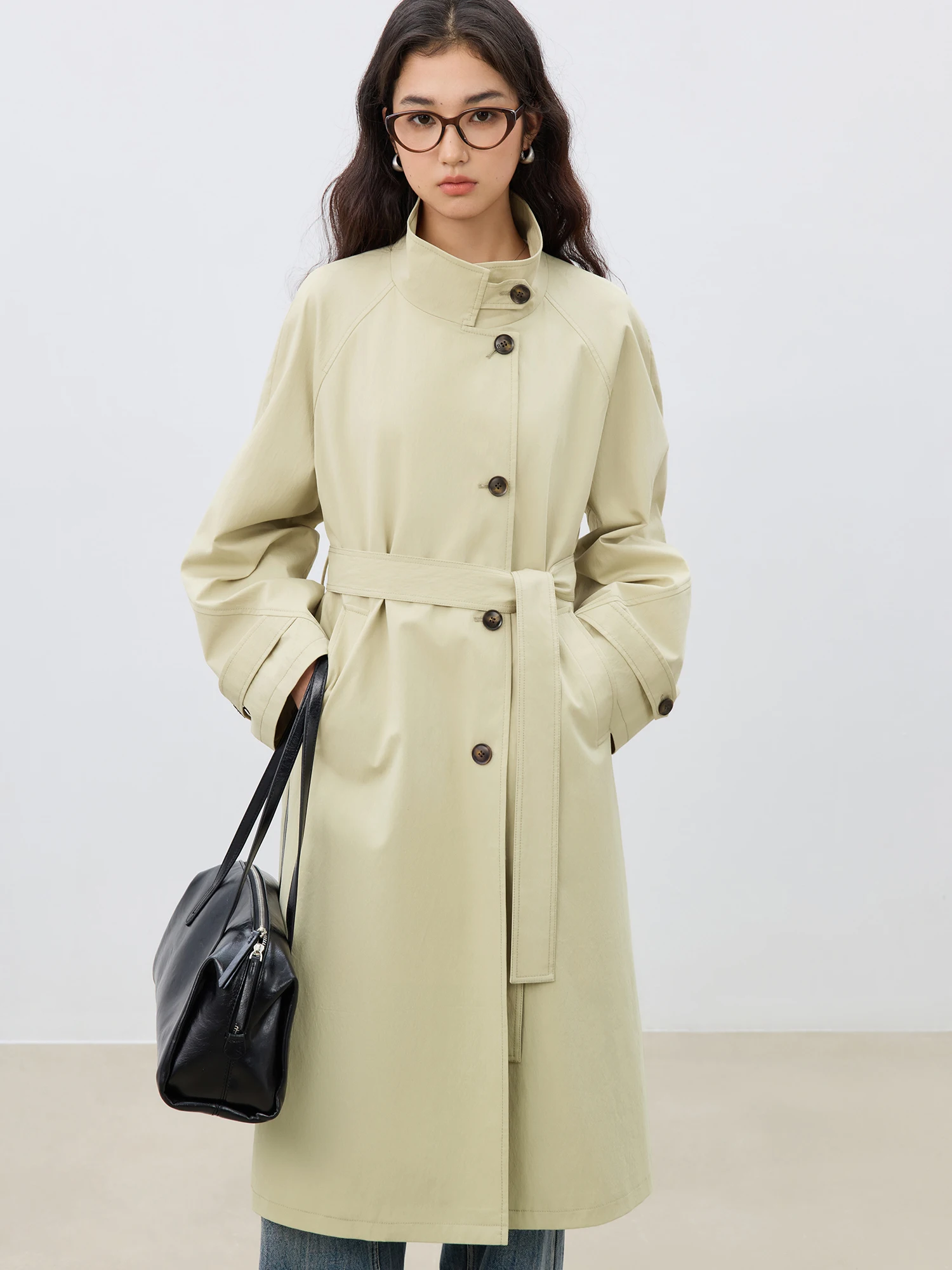 Ziqiao Petite Größe Grau Grün Stehkragen Mittellanger Trenchcoat für Damen Frühling 2025, neuer lässiger lockerer Mantel 25ZQ91174