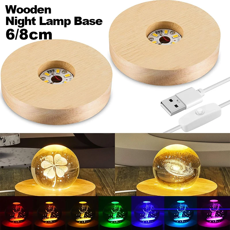4 Stück LED-Holz-Display-Sockel, runder USB-Lichtständer für Kristallglas, Harz, Kunst, Ornament, Holz, Nachtlampensockel, LED-Lichtständer