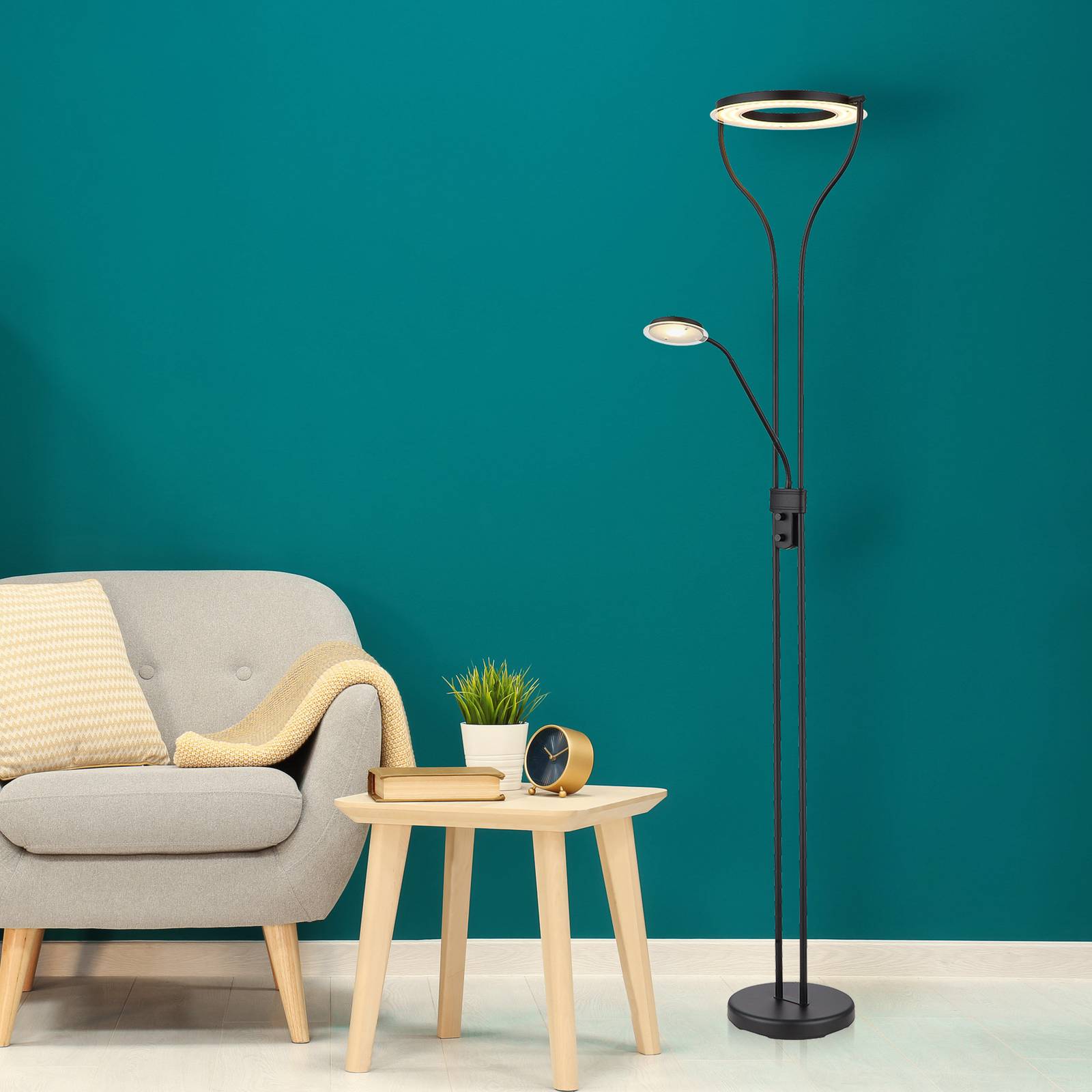 Globo Deckenfluter Ebro, dimmbar, schwarz, für Wohn- / Esszimmer, Metall, Modern, Stehlampe