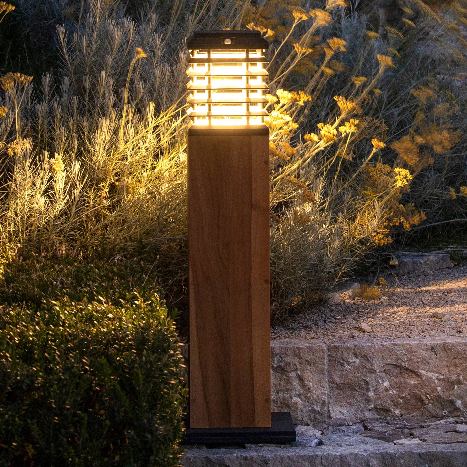 Les Jardins LED-Solarwegeleuchte Tekura, Duratek grau/grau dimmbar, Holz dunkel, Holz, Solarleuchten