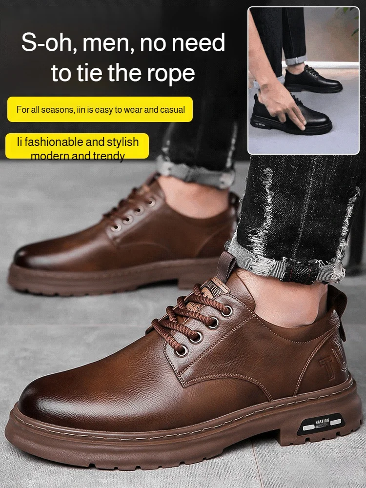 Herren Outdoor Casual Lederschuhe Papa Big Head Lederschuhe Schnürfreie Retro Herrenschuhe Trendige Low-Top-Arbeitsschuhe mit weichem Boden