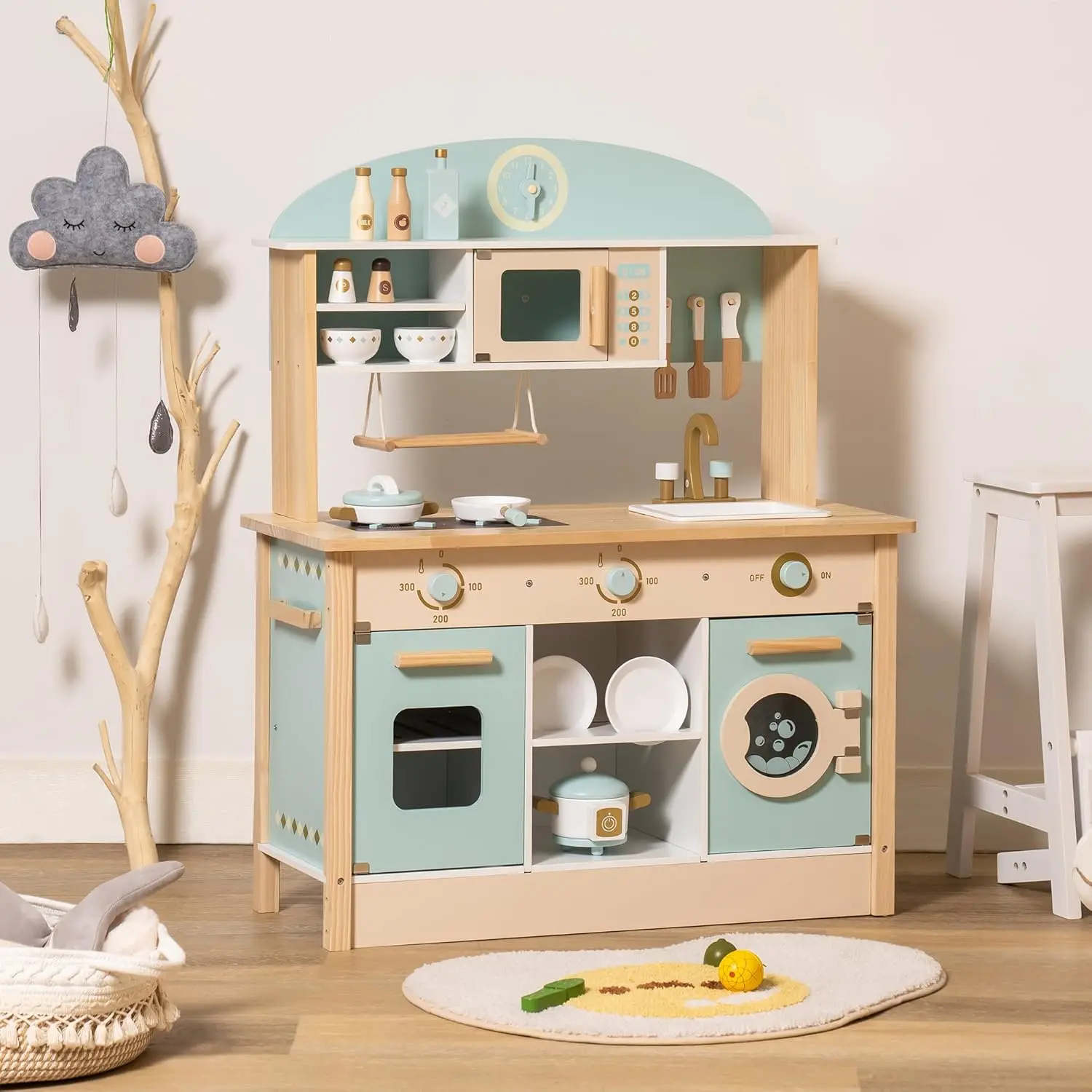 Robotime Robud Holzküche für Kinder, Spielküche mit viel Spielfunktionen, Kleinkind-Küchenset, Geschenk für Mädchen und Jungen ab 3 Jahren Image