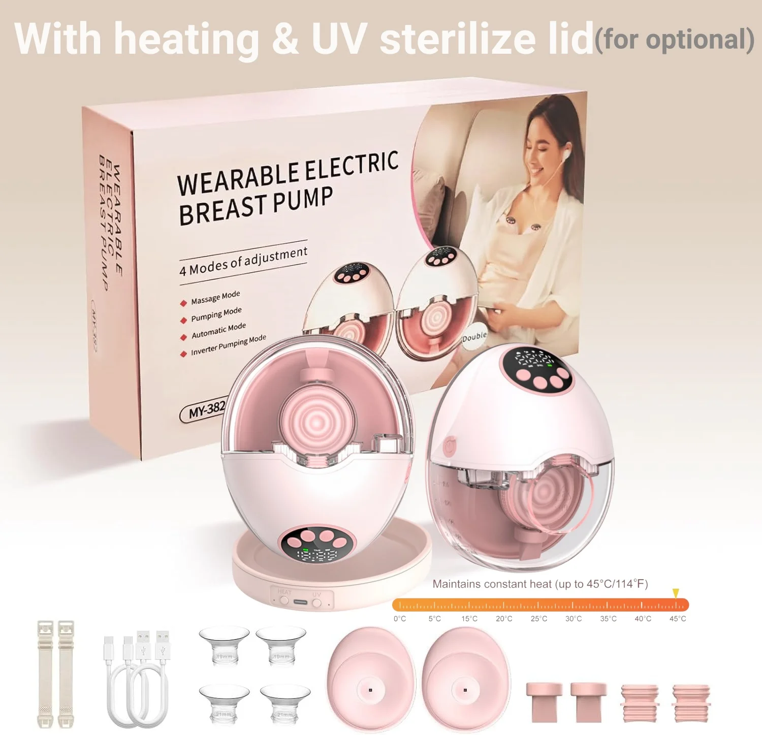 Upgrade der Milchpumpe, elektrisch, freihändig, BPA-frei, mit Heizung und UV-Sterilisationsdeckel, optionale leise, kabellose, tragbare Muttermilchpumpe Image