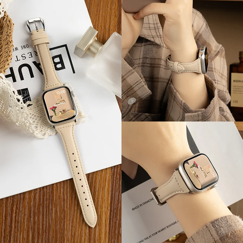 Schlankes Lederarmband für Apple Watch Band 44 mm 40 mm 41 mm 42-46-49 mm 44 mm Armband Apple Watch 8 45 mm Bänder Ultra 10 9 7 SE 3 4 6 Image