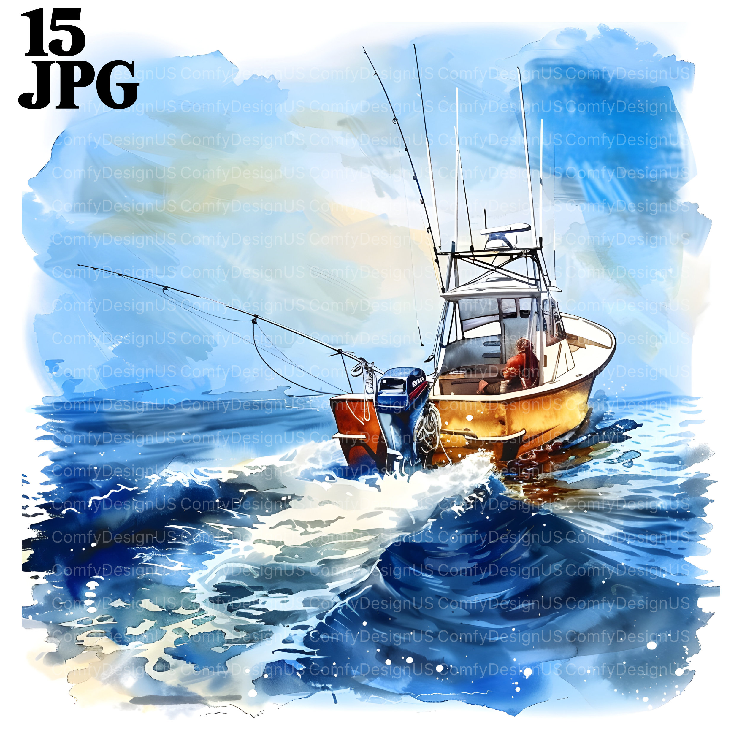 15 Clipart di barche da pesca, Clipart di barche da pesca, Clipart di canne da pesca, Pescatore, Clipart di acquerelli stampabili, JPG di alta qualità