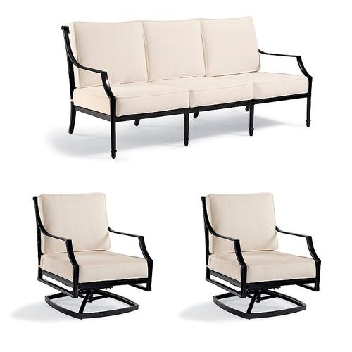 Grayson 3-pc. Sofa Set with Two Swivel Lounge Chairs in Black Aluminum - Quick Dry, Sailcloth Cobalt - Frontgate