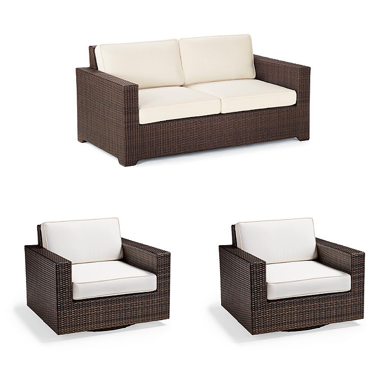 Palermo 3-pc. Loveseat Set with Two Swivel Lounge Chairs in Bronze Wicker - Standard, Dove with Canvas Piping - Frontgate