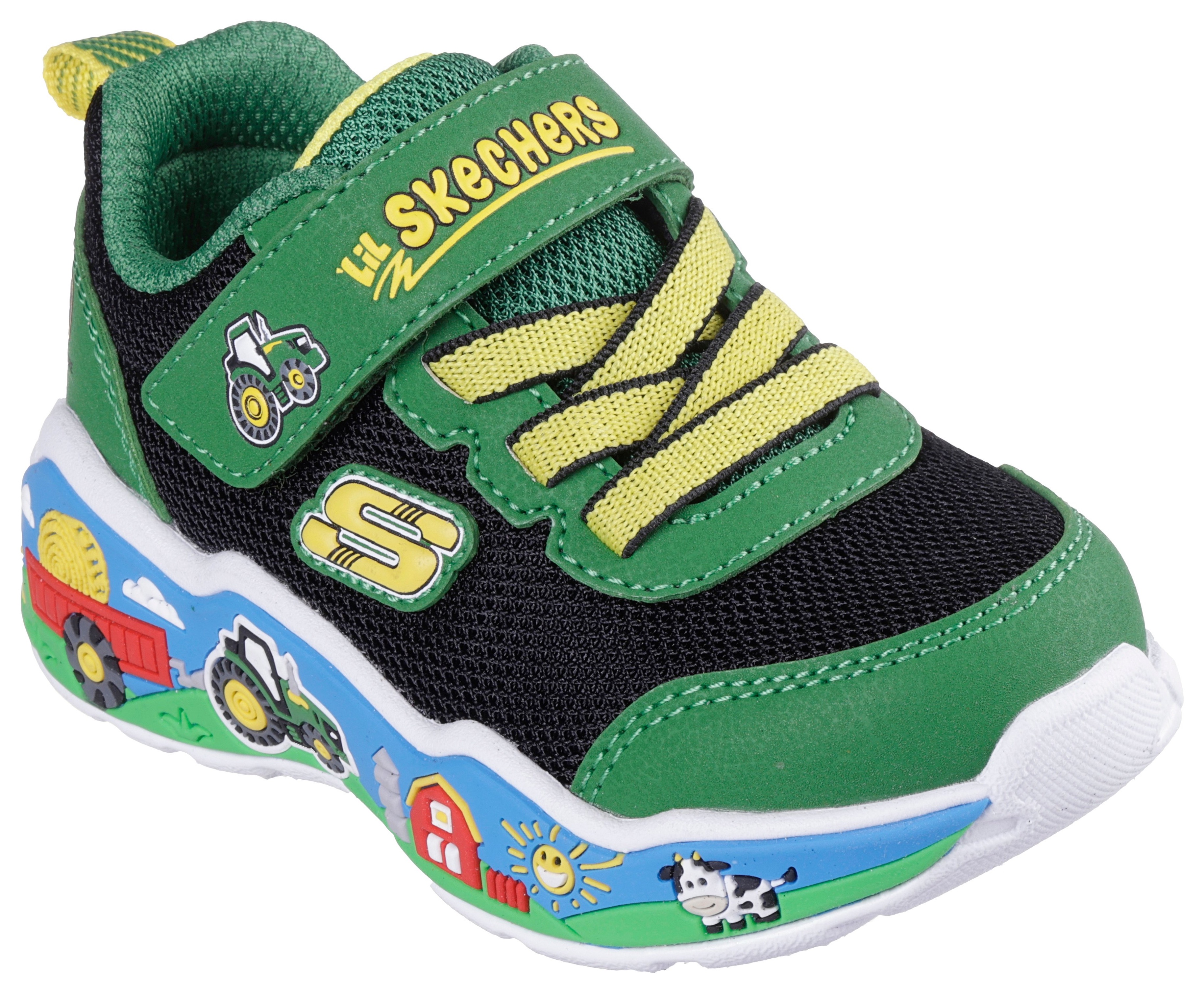 Sneaker SKECHERS "PLAY SCENE JOHN DEERE", Mädchen, Gr. 24, grün (grün, schwarz), Lederimitat, Textil, animal-print, kontrastfarbene Details, Schuhe Sneaker, Klettschuh im John Deere Design, Größenschablone zum Download