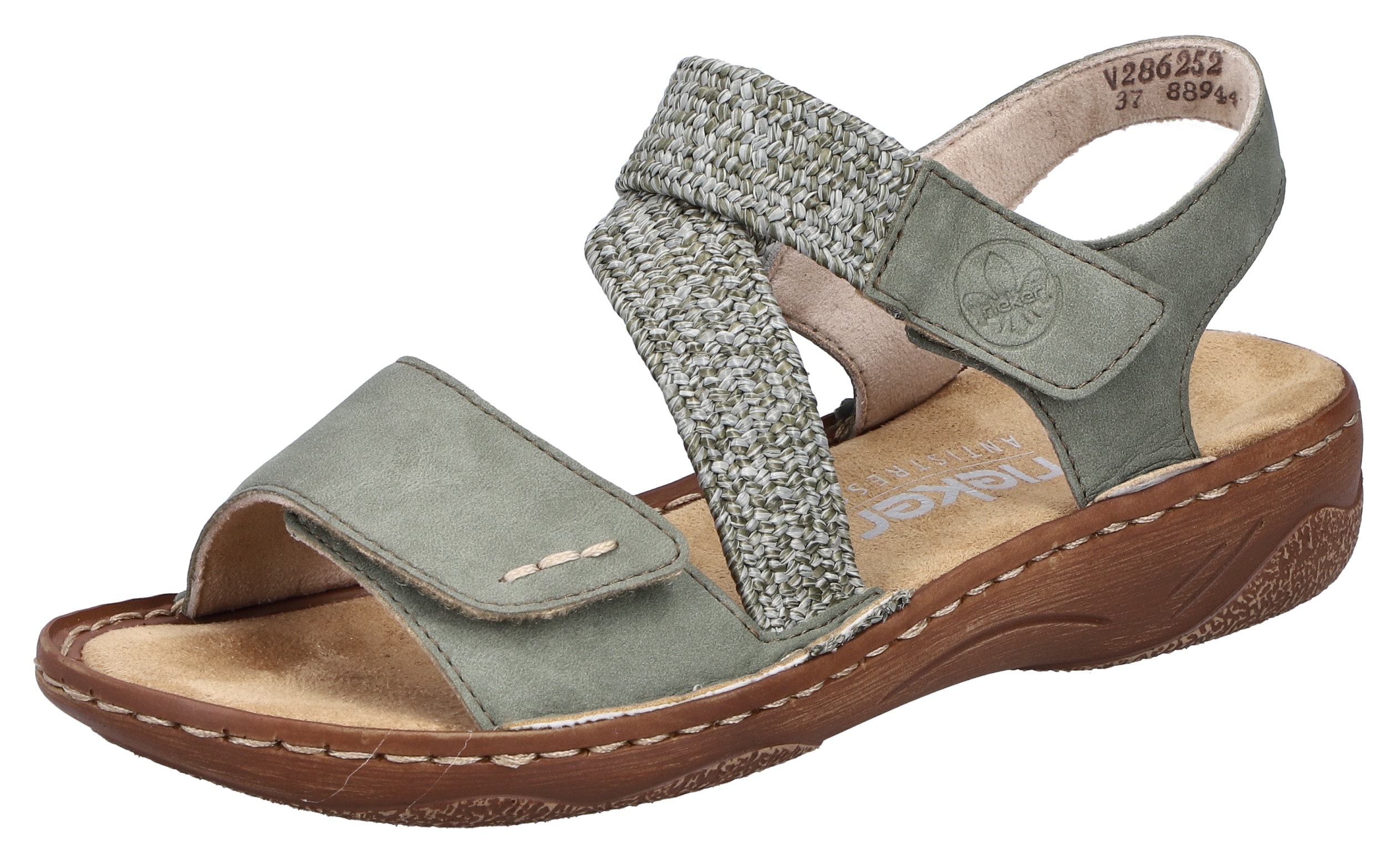Sandale RIEKER, Damen, Gr. 43, grün (schilfgrün), Bast, Nubuklederimitat, Schuhe Sandale, Sommerschuh, Riemchensandale, Sandalette mit Klettverschlüsse