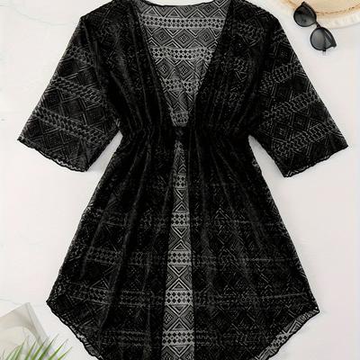 TEMU Plus Size Sexy Cover Up, Women's Plus Geo Pattern Drawstring Waist Half Sleeve Beach Cover Up Image