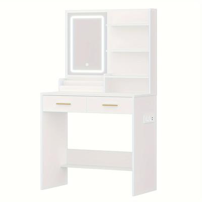 TEMU Dressing Table, Makeup Table With Mirror And Led Light, 2 Ac Ports And 2 Usb Ports, With 2 Drawers And 4 Open Shelves, For Bedroom, Powder Room, , White Image