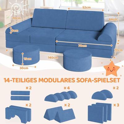 14 tlg Doppel Kindersofa Spielsofa Modulsofa Schlaffunktion Schaumstoffbausteine (Blau) Image