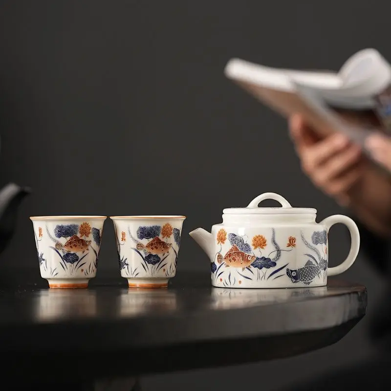 Plant ash, blue and white vine fish, one pot and two cups, household high-end ceramic teapot, outdoor travel kung fu tea set