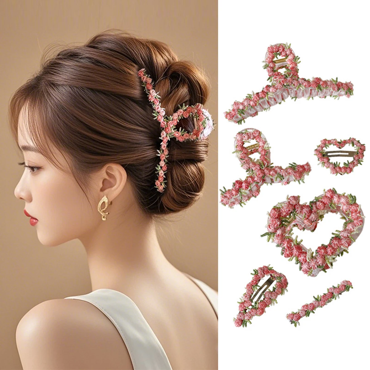 1 Stück pastorale pfirsichrosa Stickerei-Blumen-Greifklammer, Frühlings- und Sommertemperament-Haarnadel mit mittlerer Liebe, geeignet für den Urlaub Image