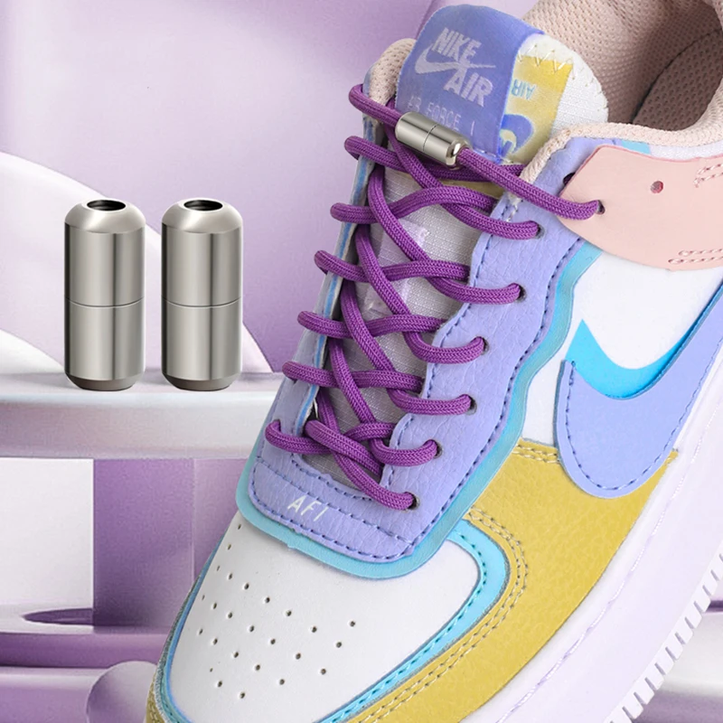Schnürsenkel ohne Binden, ohne Bänder, elastische Schnürsenkel, runde Kapsel, Metallverschluss, Lazy Shoes Lace, funktioniert mit allen Schuhzubehör Image