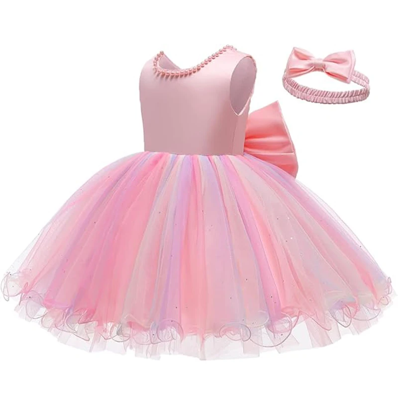 Baby-Kleider für Mädchen, 1. Geburtstag, Party, rückenfrei, Stickerei, elegante große Schleife, Hochzeit, weißes Tutu-Kleid, Mädchen-Taufkostüm