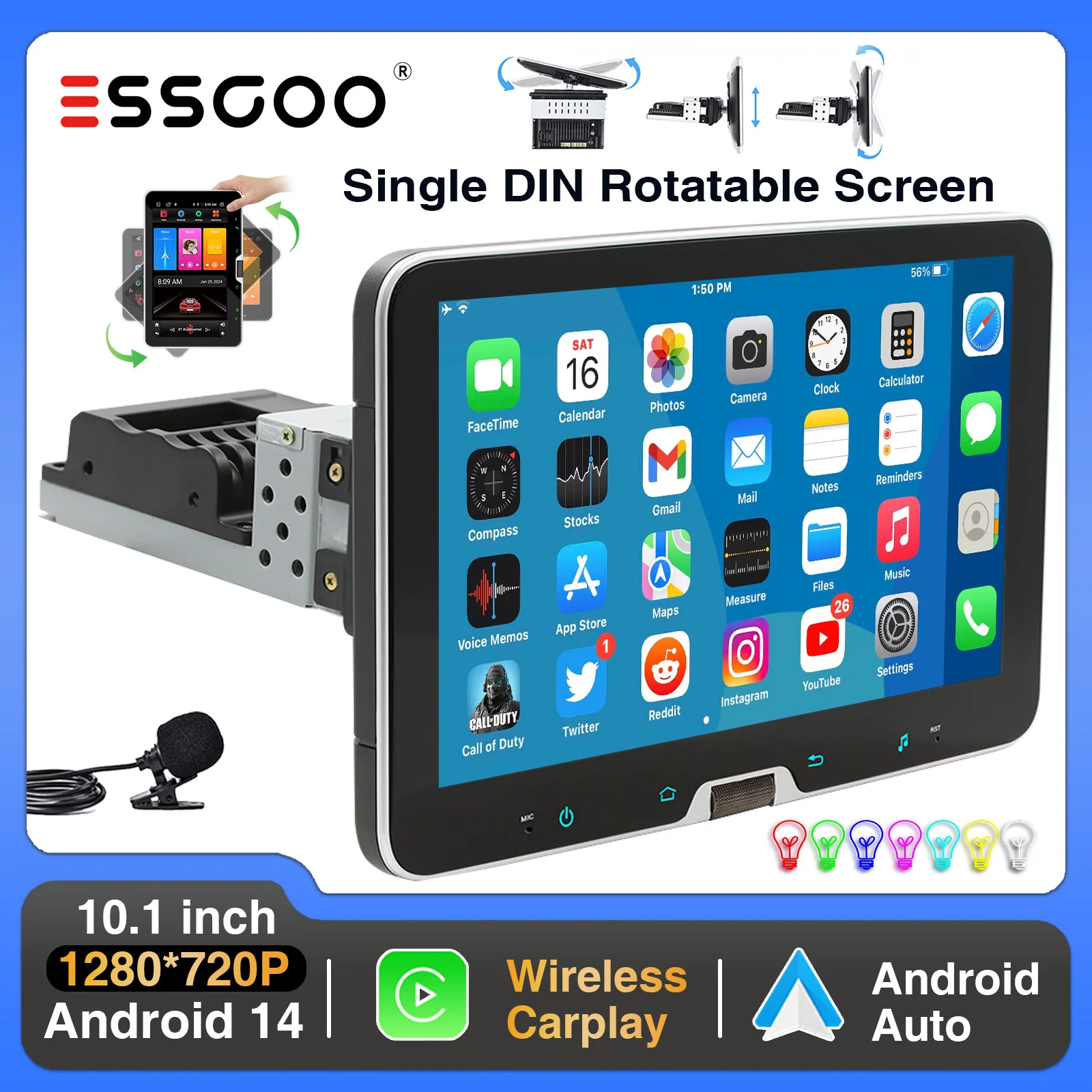 ESSGOO 10.1" Android 14 Autoradio Single DIN, Drehbarer Bildschirm, Wireless Carplay, GPS NAVI, FM RDS, Bluetooth, Wi-Fi, Farbige Touch-Tasten mit Mikrofon Image