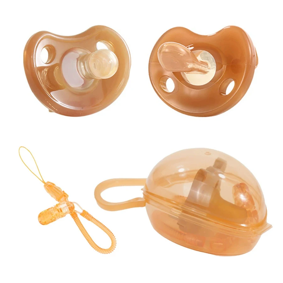 3-teiliges Baby-Silikon-Schnuller-Set, einteilig, weicher brauner Schnuller mit Aufbewahrungsbox, Schnuller, Anti-Drop-Federkette, 100 % BPA-frei Image