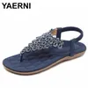 YAERNI Frauen Ethnische Böhmen Flache Sandalen Schuhe Frau Kristall Blume Flip Flop Strand Sandalen Casual Schuhe größe 35-42 blau Beige