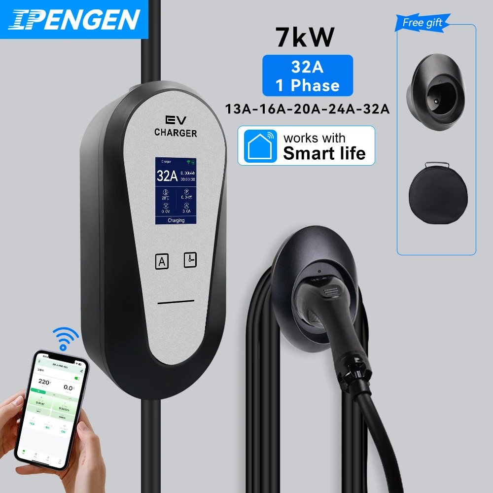 IPENGEN Tragbares EV-Ladegerät Wallbox Typ2 Typ1 GBT 32A 7KW mit CEE-Stecker EVSE-Ladebox APP-Steuerung für Elektrofahrzeuge Image