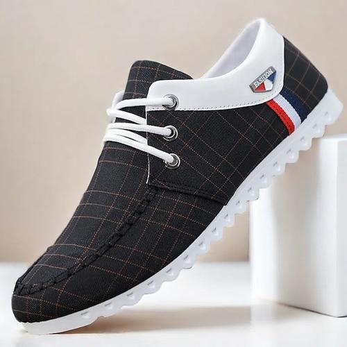 Herren Sneaker PU Leder Segeltuch Bequem Rutschfest Atmungsaktiv Schnürung Schwarz Sommer Frühling