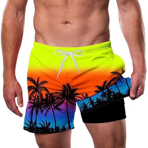 Herren Kokospalme Farbverlauf Gefütterte Shorts 2 in 1 Badeshorts Badeshorts Mittlere Taille Hawaiianisch Urlaub Strandbekleidung Seitentaschen Mit Kompressionsfutter Elastischer Kordelzug in der Image